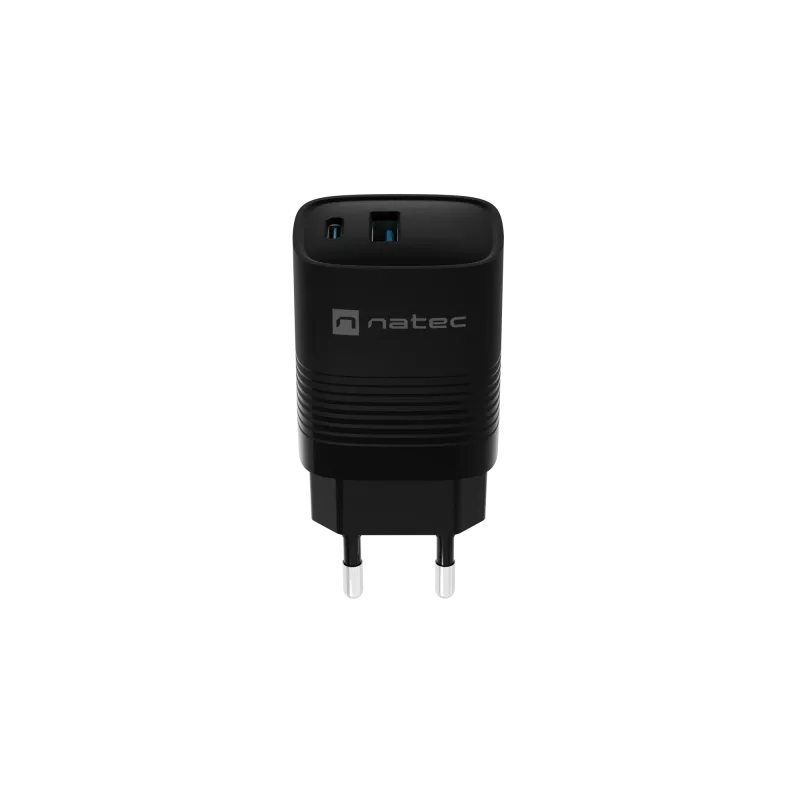 NATEC laidinis mobiliųjų įrenginių įkroviklis NUC-2141, 30W, USB-C PD 3.0 + USB-A QC 3.0, 110–240V, juodas