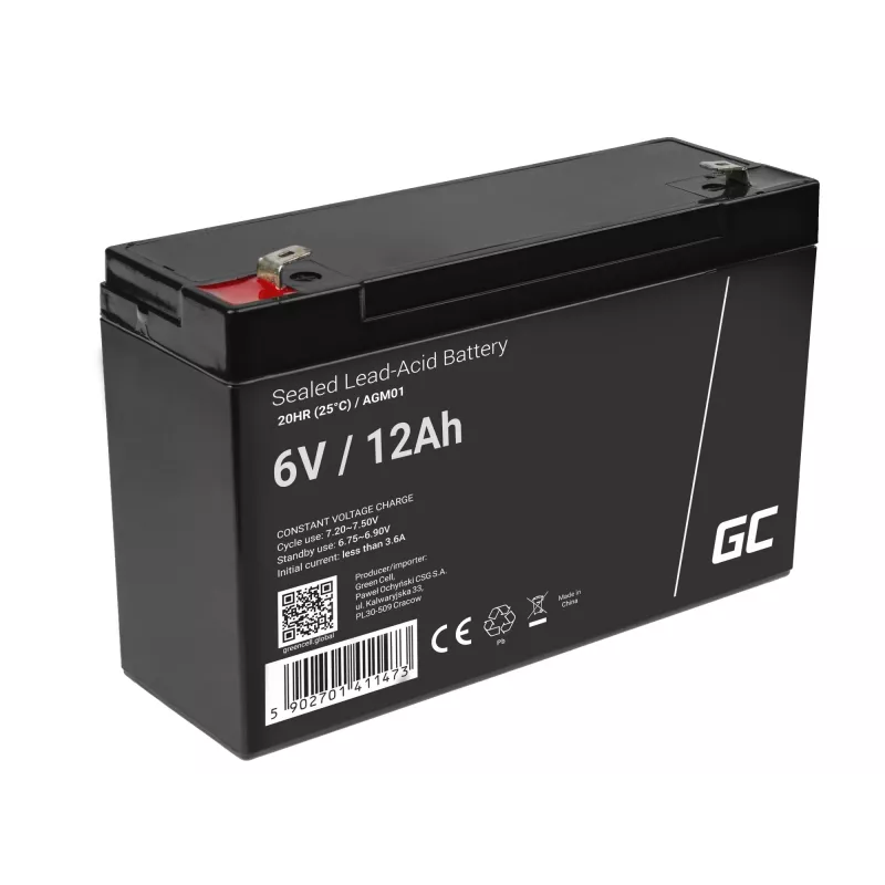 Sealed Lead Acid (VRLA) AGM battery Green Cell 6V 12Ah, 94×151×50 mm, 1.65 kg