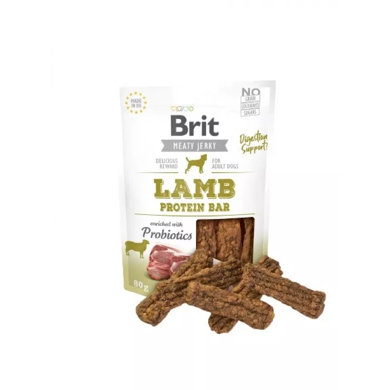 Šunų skanėstai Brit Jerky Snack Lamb 80 g — be cukraus, suaugusiems šunims, paketėlis