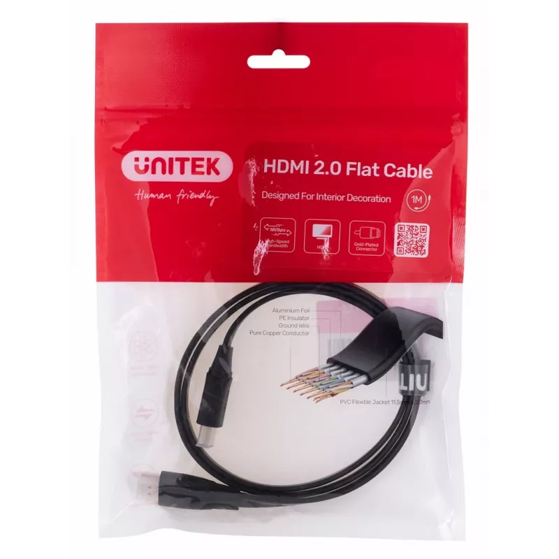 UNITEK 2.0 4K60HZ FLAT 1M C11063BK-1M HDMI kabelis 1 m HDMI A tipo (standartinis) juodas