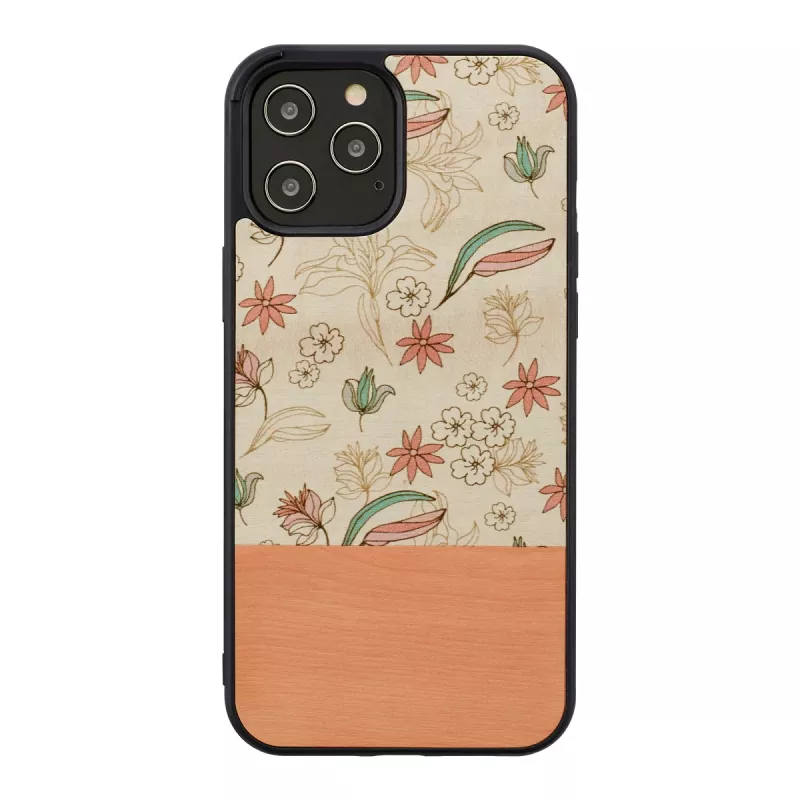 Apsauginis telefono dėklas Man and Wood iPhone 12 / 12 Pro — rožinė gėlė ant juodo