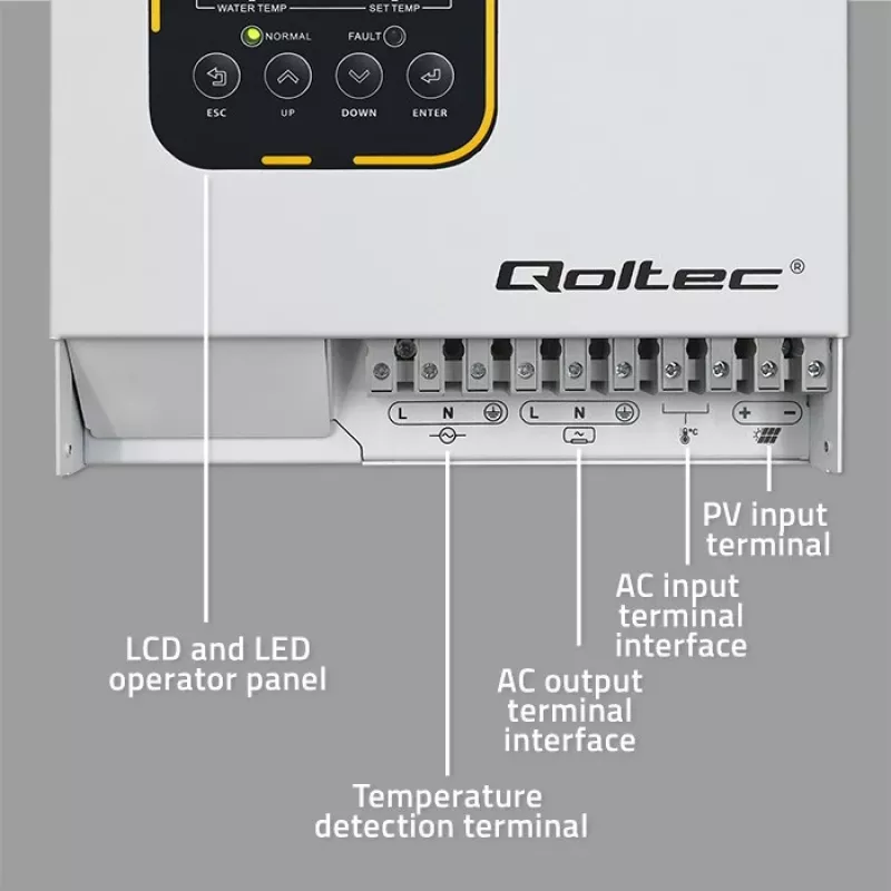 Inverteris QOLTEC ECO Solar Boost 4kW MPPT LCD, 4 kW galia, MPPT įkrovos valdymas, LCD ekranas