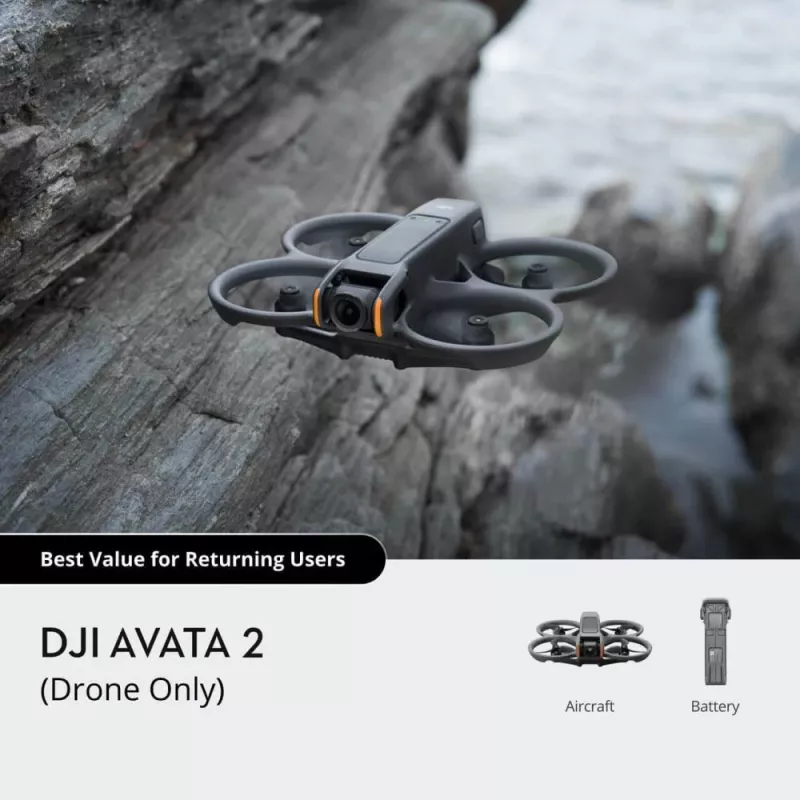 Dronas DJI Avata 2 — maksimalus atstumas 13 000 m, maksimalus greitis 27 m/s, 4 rotoriai, juodas (be akinių ar nuotolinio valdiklio)