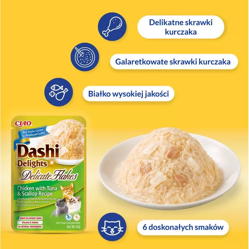 Šlapias kačių skanėstas INABA Dashi Delights Delicate Flakes Chicken 40 g — dietinis, 86% drėgmės, 12% baltymų