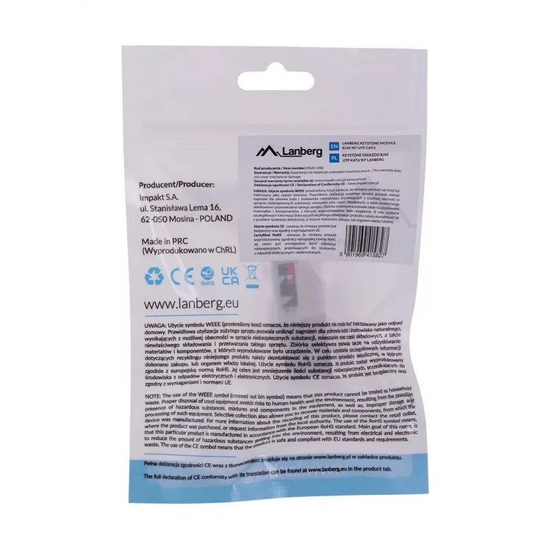 Keystone modulis LANBERG KSU6-1090, Cat6 U/UTP plokščias, RJ-45 vyriškas į LSA moterišką, AWG 22/26, 14.5×16.1 mm, baltas