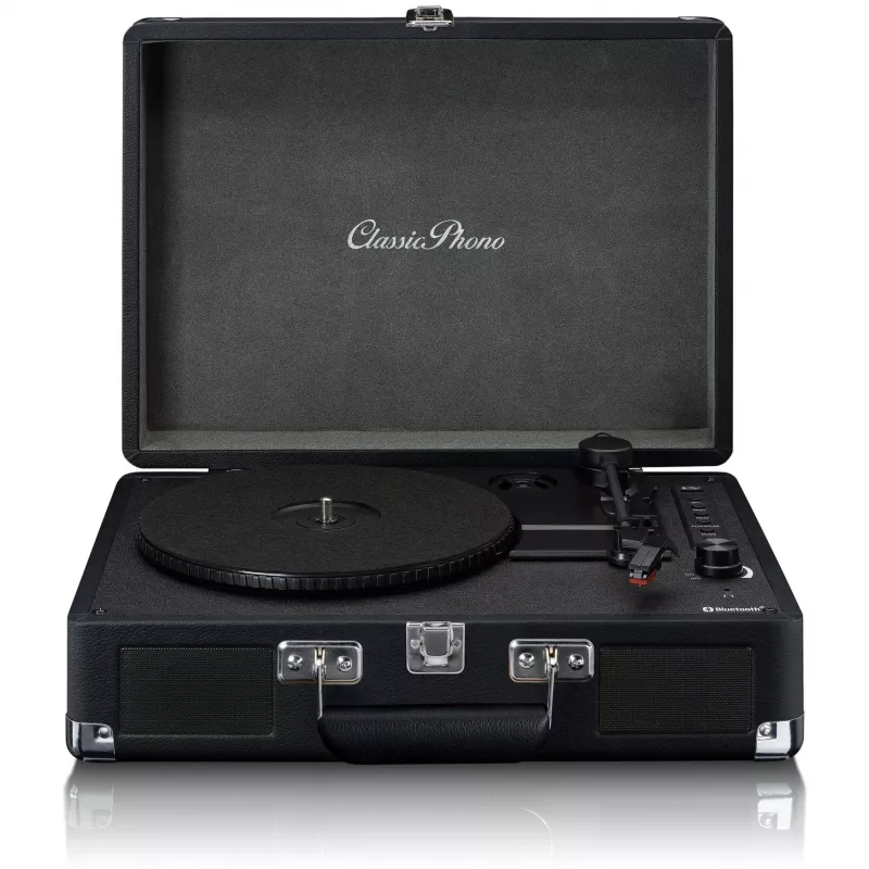 Pavarų diržu varomas patefonas Lenco TT-115 Black — nešiojamas lagamininis grotuvas, Bluetooth 5.0, USB įrašymas, 33/45/78 aps./min.