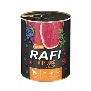 Šlapias šunų maistas dolina noteci Rafi Dog su antiena, mėlynėmis ir spanguolėmis 800 g, baltymai 9%, riebalai 7%, drėgmė 78%
