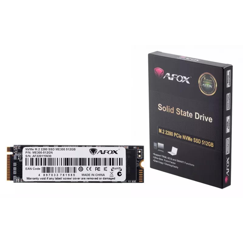 SSD M.2 AFOX ME300-512GN 512 GB PCIe NVMe TLC, skaitymo greitis 2000 MB/s, rašymo greitis 1600 MB/s