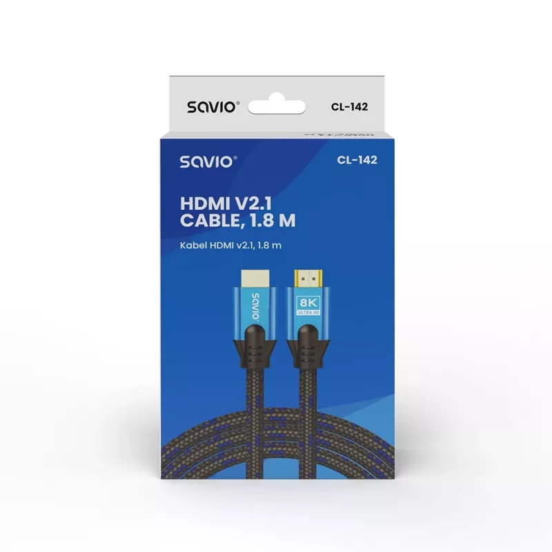 HDMI laidas Savio CL-142 v2.1 1,8 m, HDMI Type A tėvas–tėvas, auksuoti kontaktai, juoda/mėlyna