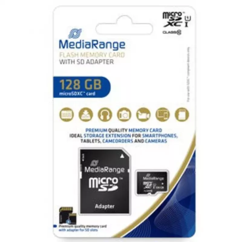 MediaRange MR945 - „Flash“ atminties kortelė (su microSDXC-SD adapteriu) - 128GB - UHS-I / Class10 - microSDXC - Juoda (MR945)