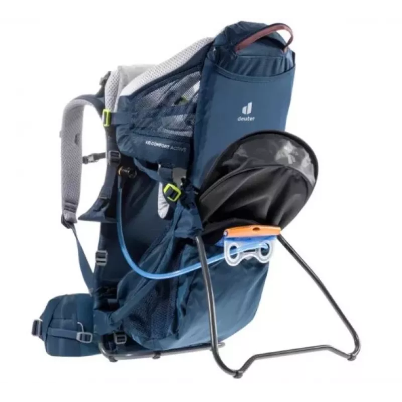 Vaikiška nešynė kuprinė DEUTER Kid Comfort Active — mėlyna, poliamidas, iki 22 kg, skėtis nuo saulės, kojų atrama, VariQuick, Lite Air