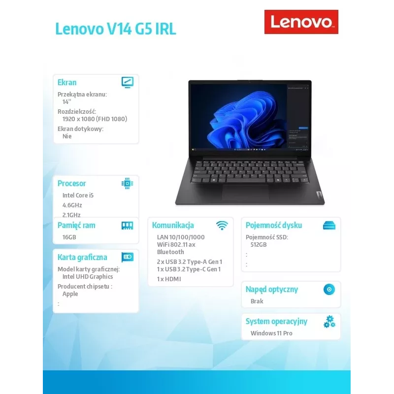 Nešiojamas kompiuteris Lenovo V14 G5 83GU008FPB — Intel i5-13420H, 16GB RAM, 512GB SSD, 14,0 colių FHD, Windows 11 Pro, Business Juoda, 3 metų OS ir 1 metų KI garantija