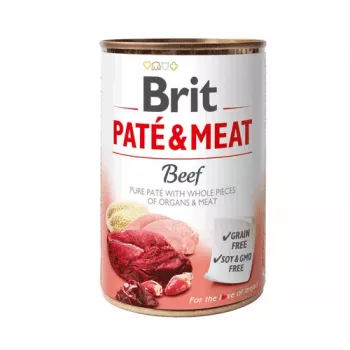 Šlapias šunų maistas Brit Paté & Meat su jautiena 400 g — drėgnas suaugusių šunų ėdalas, 400 g skardinė, 75% drėgmės, 11% baltymų, be glitimo ir laktozės