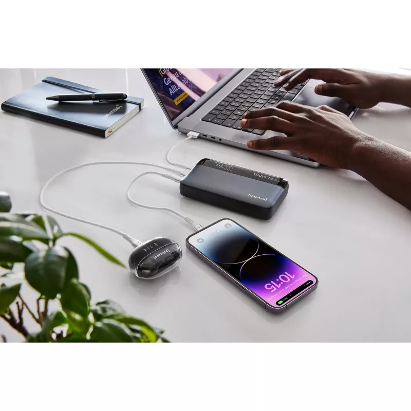 Išorinė baterija INTENSO 7350050 — 20000 mAh, 1× USB-A + 2× USB-C, 100 W bendra išvestis, juoda/pilka