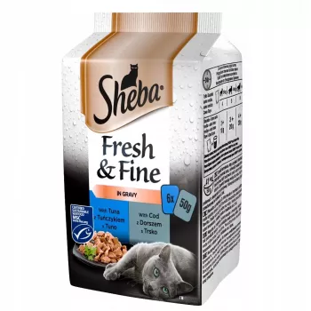 Šlapias kačių maistas Sheba Mini Fish Dishes in Sauce Fresh & Fine 6 x 50 g – šlapias maistas, 6 x 50 g paketėliai, 84 % drėgmės, 7,9 % baltymų