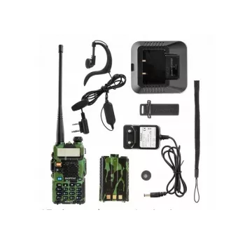 Rankinis dvipusis radijas Baofeng UV-5R 5W HT Camo — dviejų juostų FM, 5 W, 1800 mAh baterija