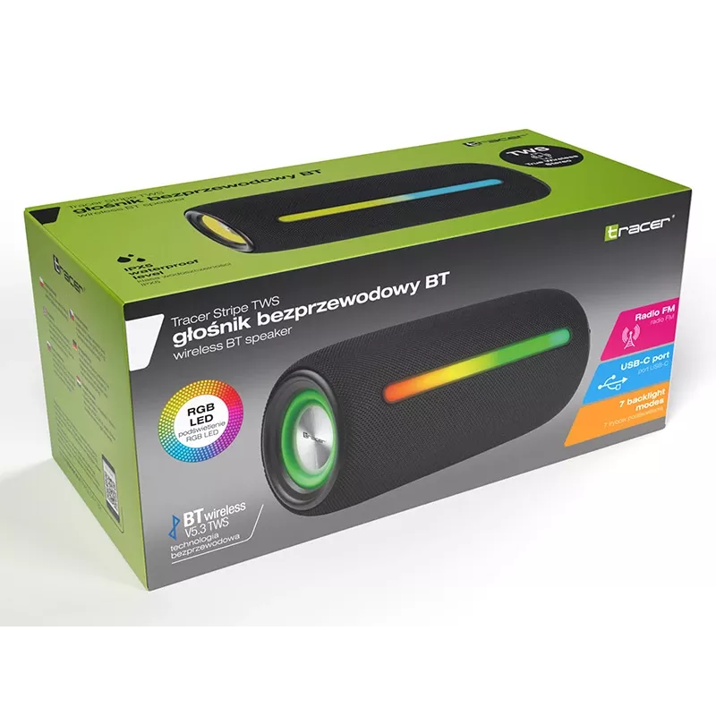 Nešiojama stereofoninė kolonėlė TRACER Stripe Juoda — 10 W RMS, Bluetooth/laidinis, USB-A ir USB-C, MicroSD, įmontuota baterija (iki 5 val.)