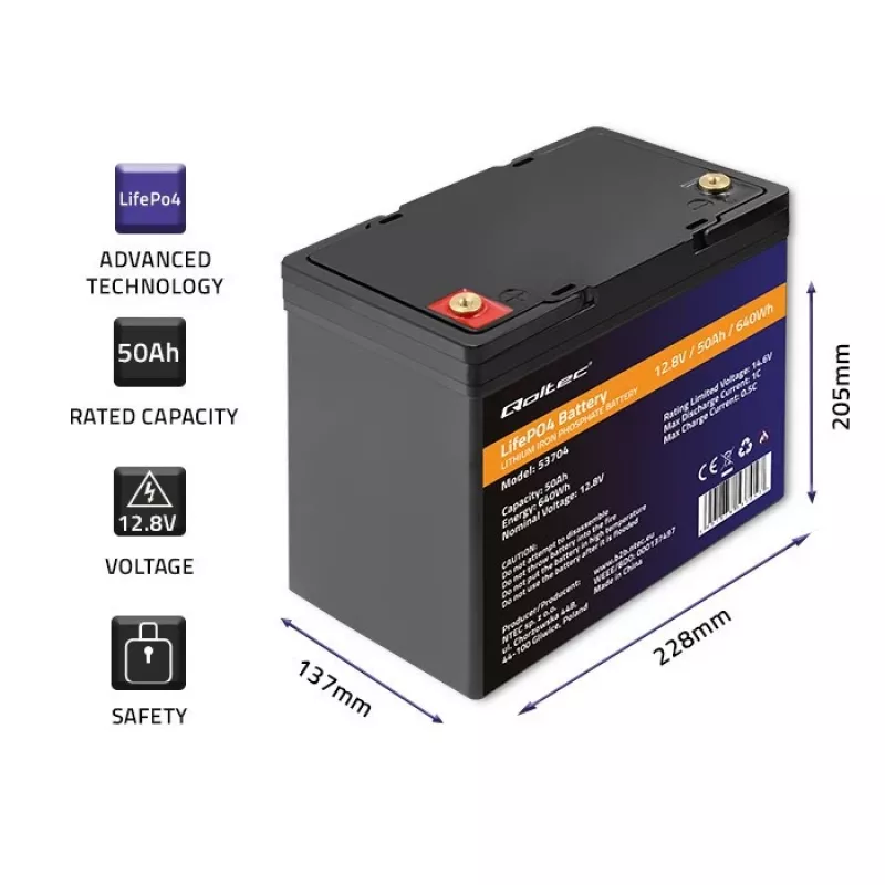LiFePO4 baterija QOLTEC 12,8 V 50 Ah (modelis 53704) atsarginiam maitinimui ir energijos kaupimui