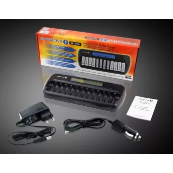 Baterijų įkroviklis everActive NC-1200 — universalus 12 baterijų įkroviklis AA/AAA, 12 V įvestis, juodas