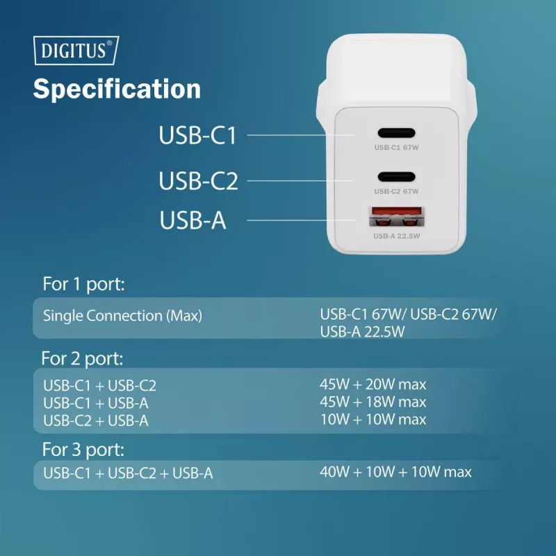 Sieninis įkroviklis DIGITUS DA-10303 67W GaN, 2× USB-C + 1× USB-A, 100–240V, baltas