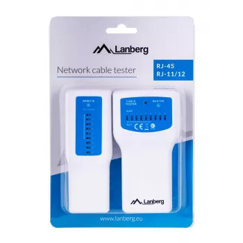 PoE testeris LANBERG NT-0402 — PoE tinklo kabelių testeris su RJ-45/RJ-11 palaikymu, LED indikatoriais, maitinimo LED, įjungimo/išjungimo jungikliu