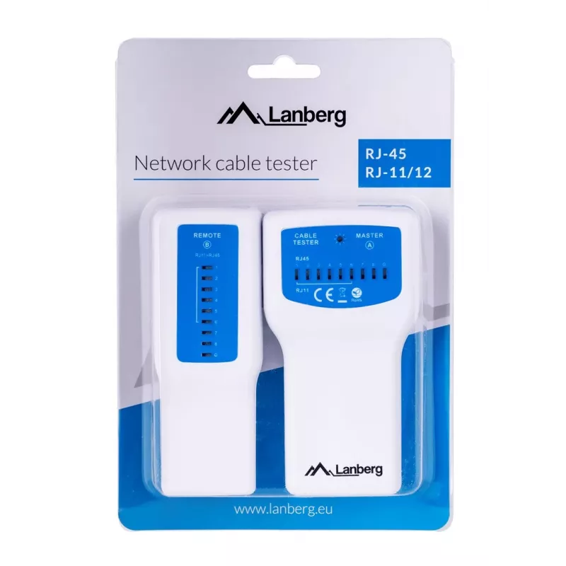 PoE testeris LANBERG NT-0402 — PoE tinklo kabelių testeris su RJ-45/RJ-11 palaikymu, LED indikatoriais, maitinimo LED, įjungimo/išjungimo jungikliu