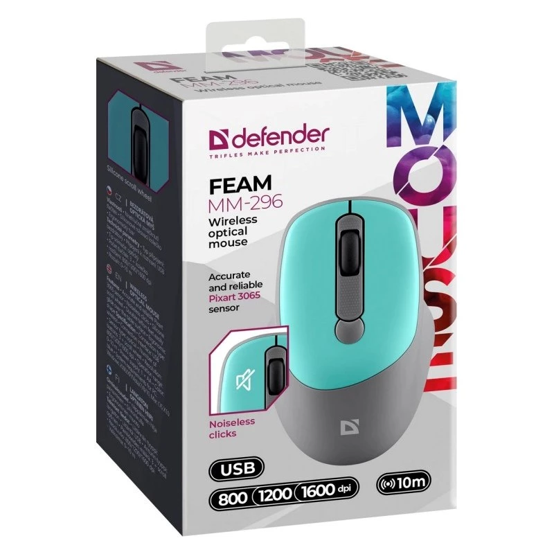 Belaidė pelė DEFENDER Silent Click C Mint 52294 — abiem rankoms tinkama, 1600 DPI, 2,4 GHz nano USB