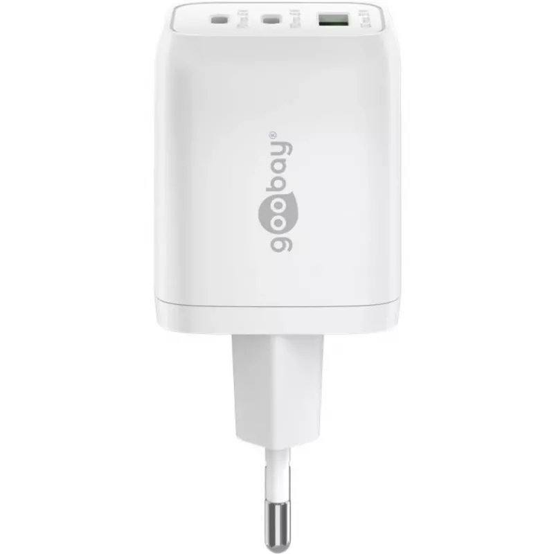 USB-C Fast Charger Nano, PD, GaN, 65 vatų (balta, 1x USB-A, 2x USB-C PD, Charge 3.0)