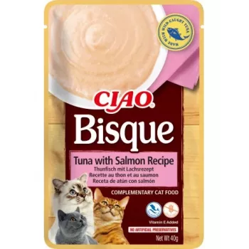 Šlapias kačių skanėstas INABA Ciao Bisque Tuna su lašiša 40 g — žuvies skonio skystas pakelis, 86% drėgmės, 8% baltymų