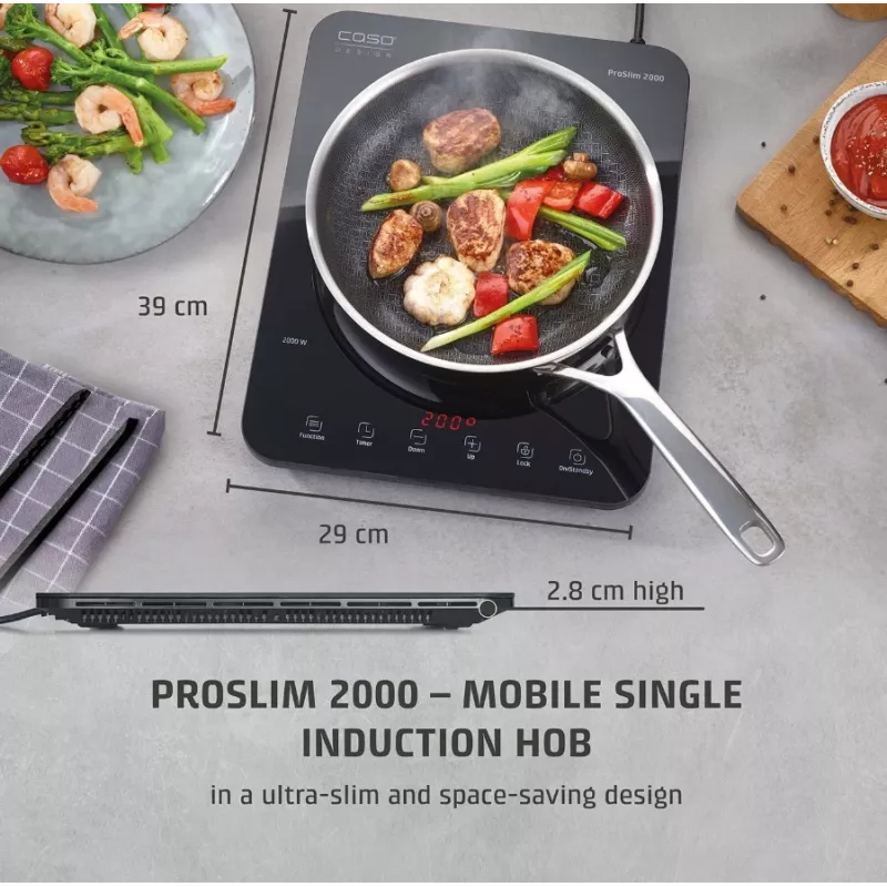 Caso ProSlim 2000 2236 Mobilus vienos zonos indukcinis kaitlentis, Stiklas, Jutiklinis valdymas, Juoda