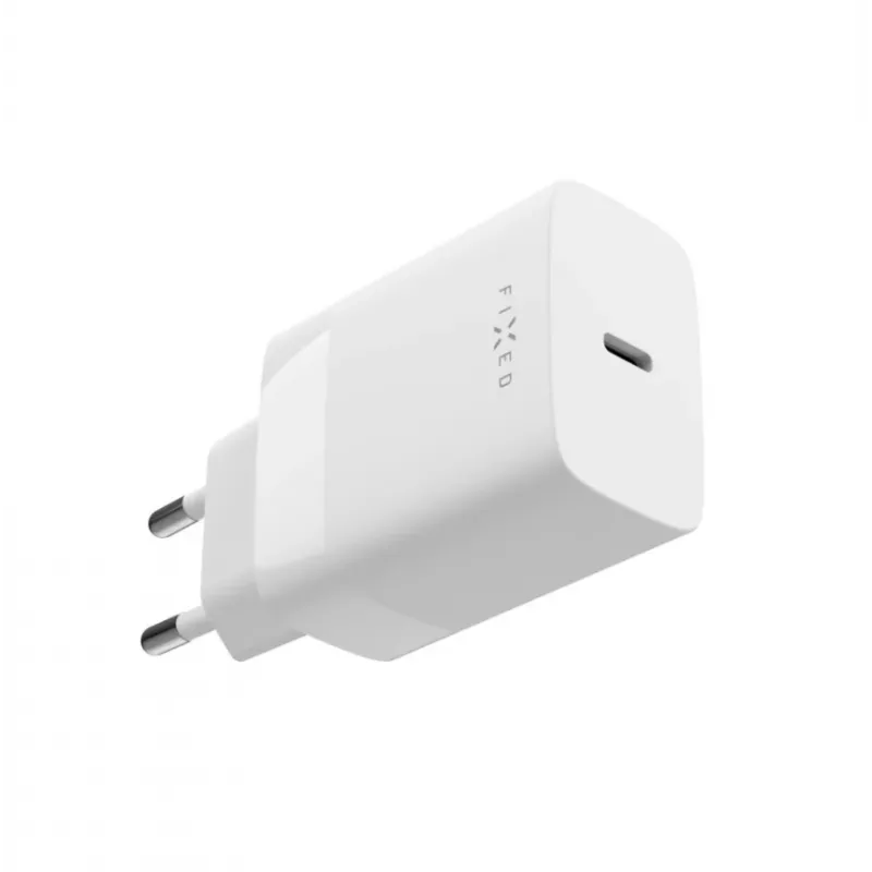 USB-C kelioninis įkroviklis FIXED FIXC30N-C-WH — 30W kompaktiškas USB-C maitinimo adapteris, vieno prievado greitas įkrovimas