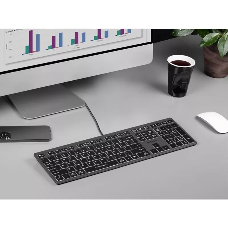 Laidinė A4Tech klaviatūra FX60H USB QWERTY — viso dydžio 100%, baltai apšviesta, pilka, USB šakotuvas