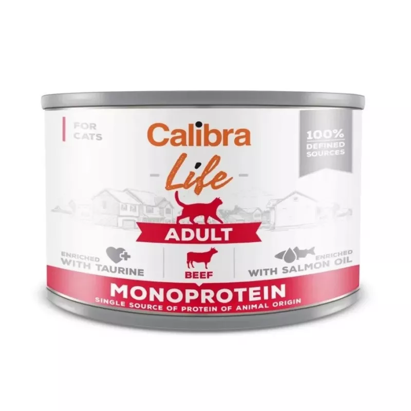 Šlapias kačių maistas Calibra Life Adult Beef 200 g pakuotė — pilnavertis drėgnas pašaras suaugusioms katėms, 78% drėgmės, 9,5% baltymų