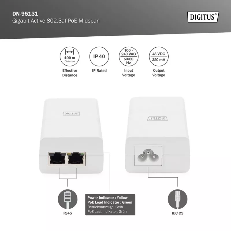 Digitus Gigabit Active 802.3af PoE Midspan
