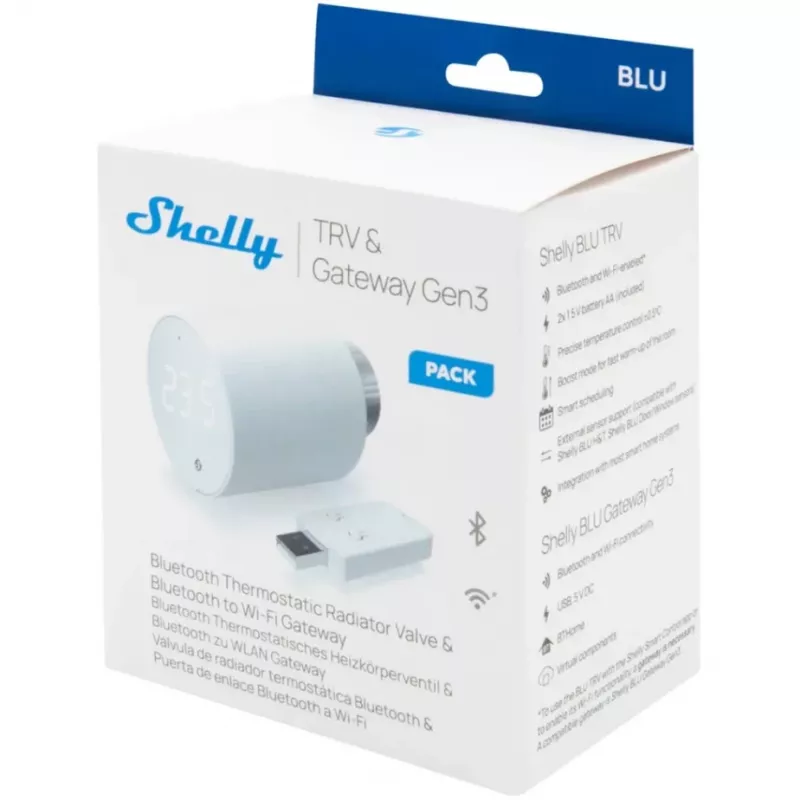 Termostatinio radiatoriaus vožtuvo rinkinys Shelly Heating Control BLU TRV + BLU Gateway Gen. 3 — M30×1,5, Wi‑Fi, AA baterijos, 78 mm aukštis