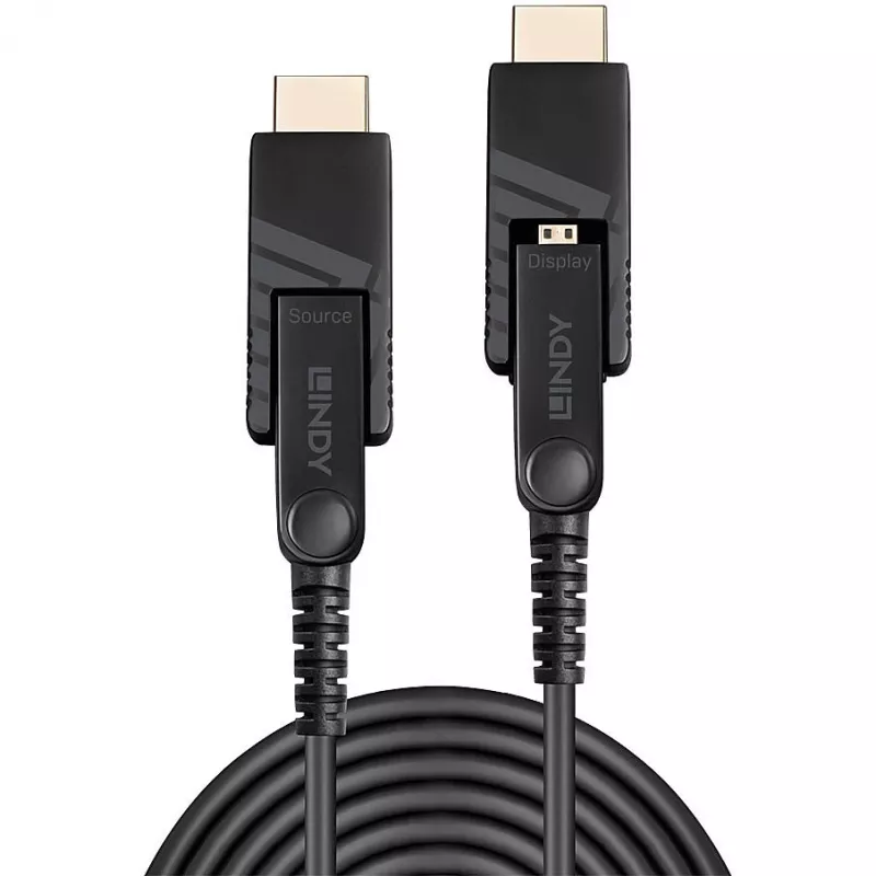 Lindy 10 m šviesolaidinis hibridinis Micro-HDMI 18G kabelis su nuimamomis HDMI ir DVI jungtimis