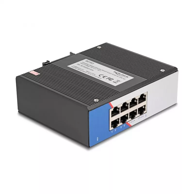 Gigabit Ethernet jungiklis DELOCK 80163, 8 prievadų RJ45 pramoninis komutatorius, nevaldomas, metalinis korpusas