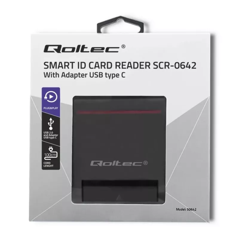 ID kortelių skaitytuvas QOLTEC Smart chip ID card scanner — USB, juodas, 84,5×65×16 mm, 63 g