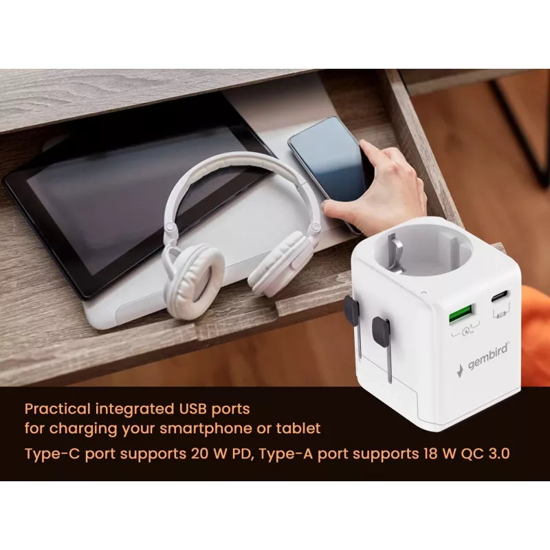 Kelioninis maitinimo adapteris GEMBIRD TPA-EU1A1C20-01-W 20W, USB-A 18W + USB-C 20W, Schuko lizdas, įėjimas 100–250V