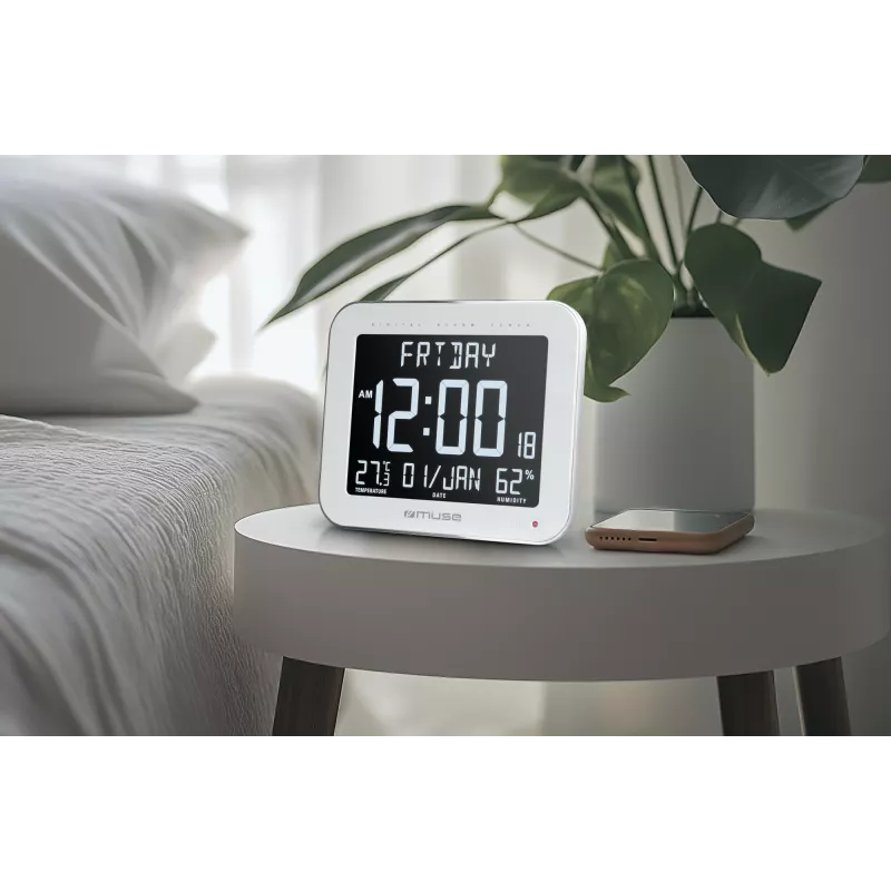 Skaitmeninis sieninis/stalo laikrodis muse M-090 WMC — stačiakampis LCD, 220×177,5×24,5 mm, baterijos/DC 4,5 V