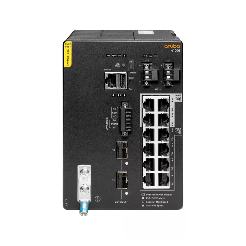 Hewlett Packard Enterprise HPE Aruba 4100i - jungiklis - 8 x 10/100/1000 (PoE 4 klasė) + 4 x 10/100/1000 (PoE 6 klasė) + 2 x SFP+ - montuojamas ant DIN bėgio - PoE 4 klasė / PoE 6 klasė