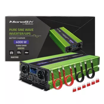 Qoltec Monolith įtampos keitiklis | Akumuliatoriaus įkrovimas | UPS | 2000W | 4000W | 12V į 230V | Gryna sinusinė banga | LCD juodai žalias