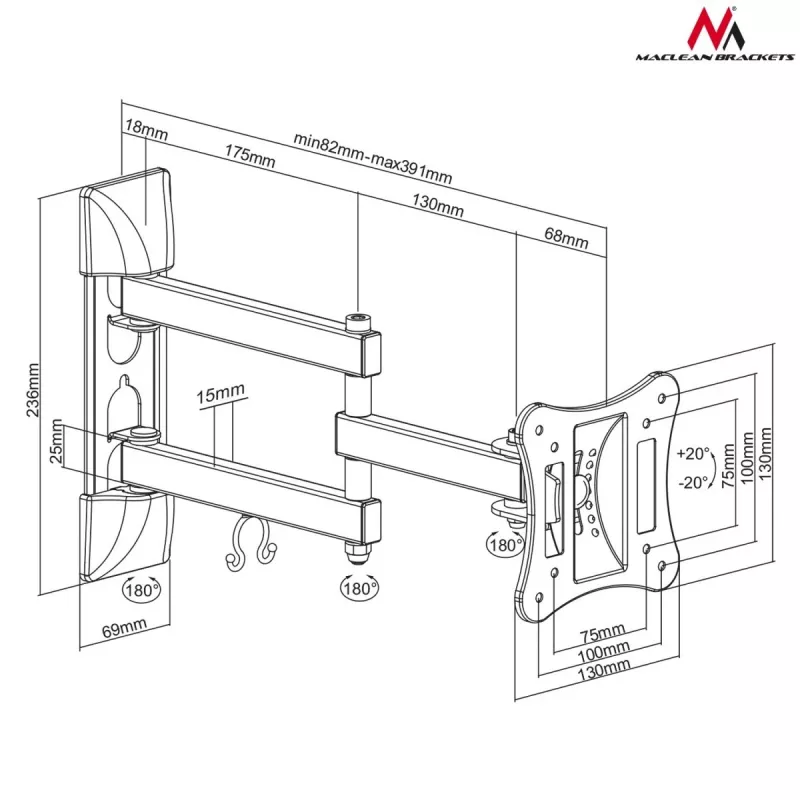 TV / monitoriaus sieninis laikiklis MACLEAN MC-719, ekranams iki 68,6 cm (27 colių), maks. 15 kg, VESA 100x100, juodas