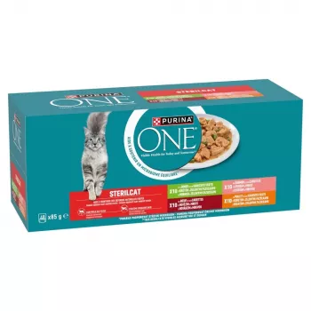 PURINA One Sterilcat jautiena, lašiša, vištiena, kalakutiena - šlapias kačių ėdalas - 40x85g
