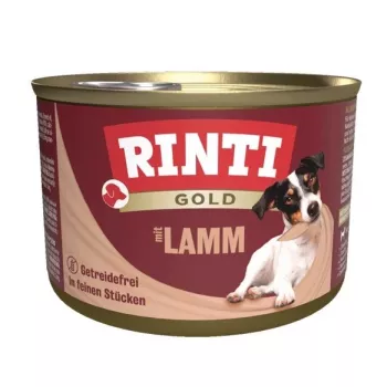 Šlapias šunų maistas RINTI Gold Lamb 185 g — subrendusiems šunims skirtas visavertis konservuotas mėsos maistas, 79 % drėgmės, 10 % baltymų, 8 % riebalų