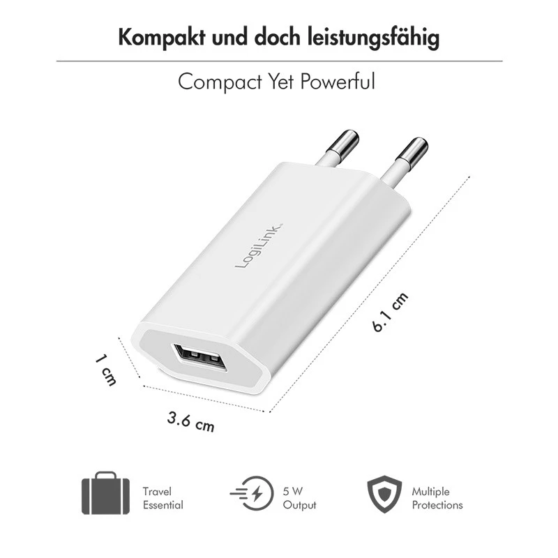 USB-A lizdo adapteris, 5 W, 5 V / 1 A, 1xUSB-A baltas