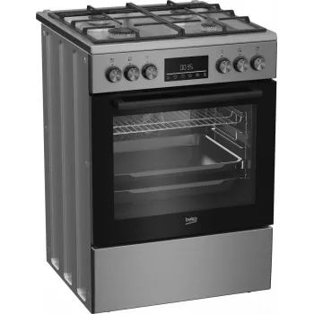 Laisvai pastatoma dujinė-elektrinė viryklė BEKO FBM62330GXTN 60 cm, 4 degiklių dujinė kaitlentė, 72 L elektrinė orkaitė, energijos klasė A