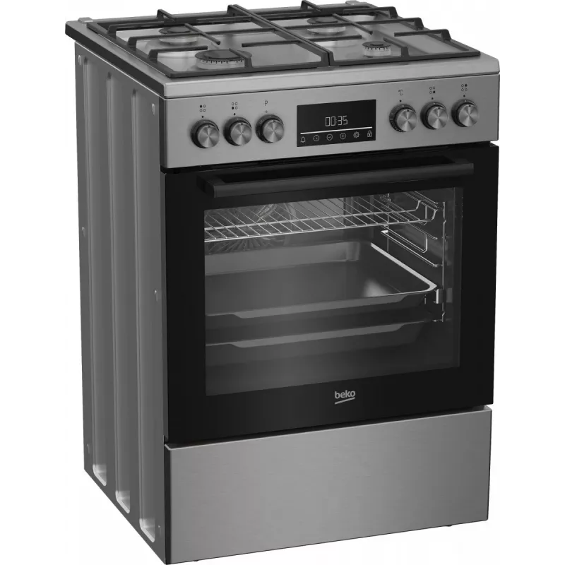 Laisvai pastatoma dujinė-elektrinė viryklė BEKO FBM62330GXTN 60 cm, 4 degiklių dujinė kaitlentė, 72 L elektrinė orkaitė, energijos klasė A