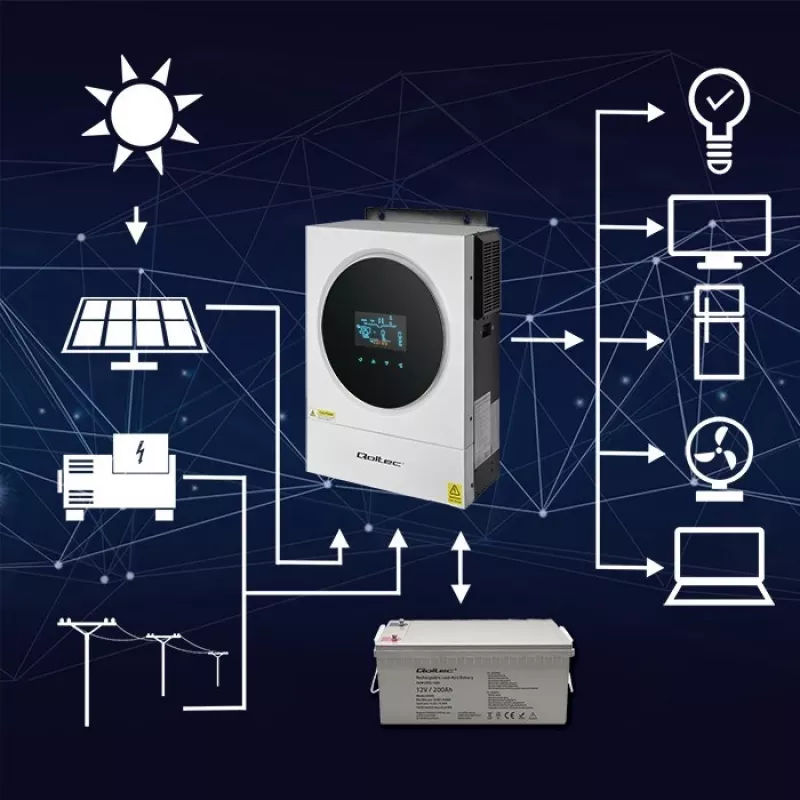 Qoltec, įtampos keitiklis, hibridinis saulės inverteris Off-Grid 4kVA 4kW 120A MPPT LCD Wi-Fi BMS Sinus