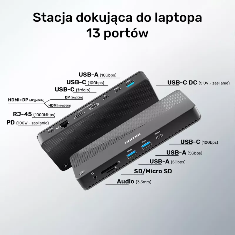 Dokingo stotelės UNITEK D1079A USB4 laidinė juoda 100W maitinimo tiekimas